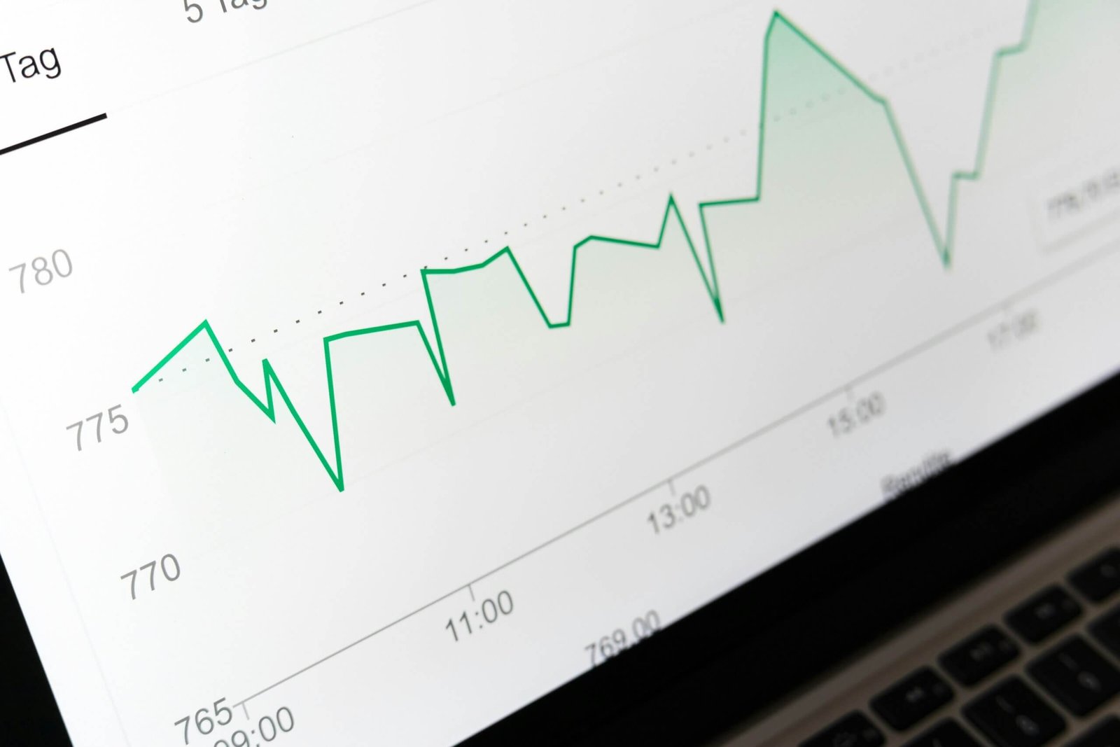 Illustrative photograph of a green line chart on a laptop screen